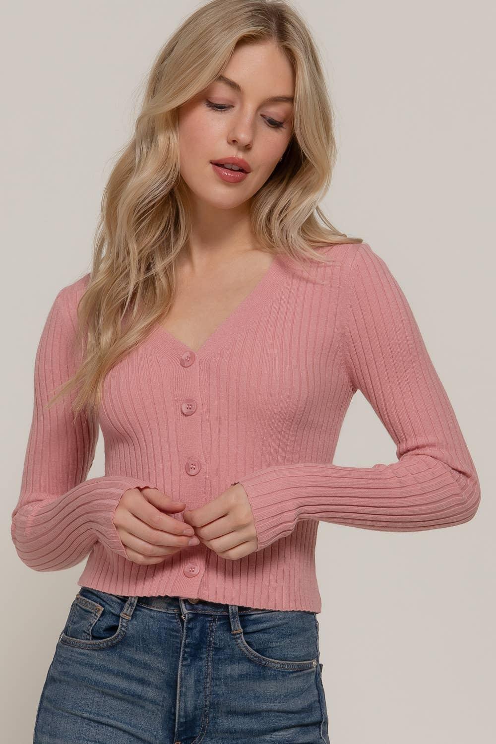 Women's Sweaters - Long Sleeve V-neck Fitted Sweater Cardigan - PNK - Cultured Cloths Apparel