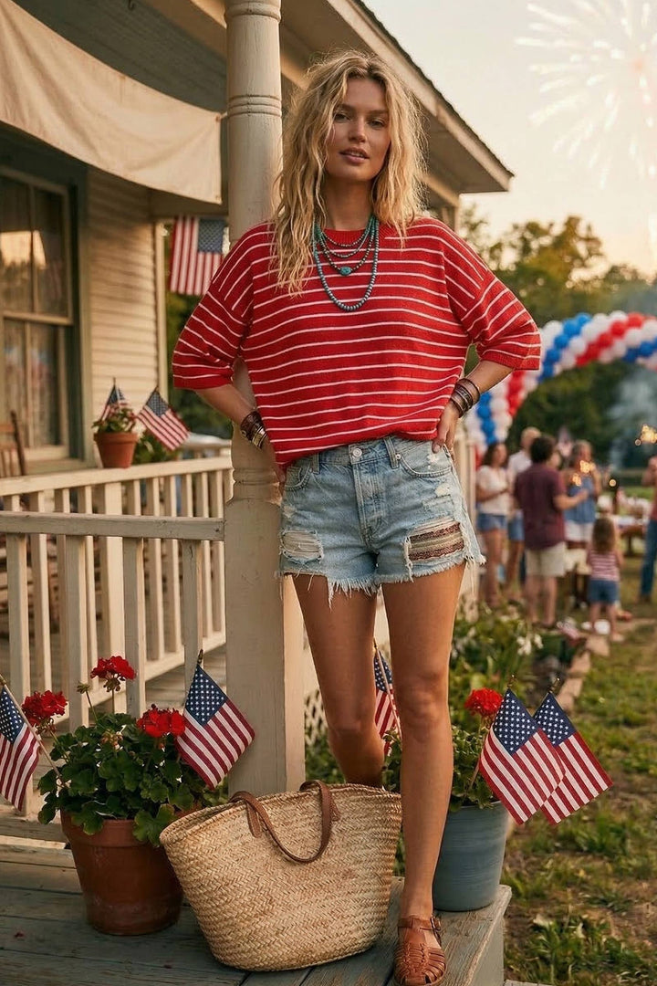 Oversized Striped Knit Short Sleeve Top