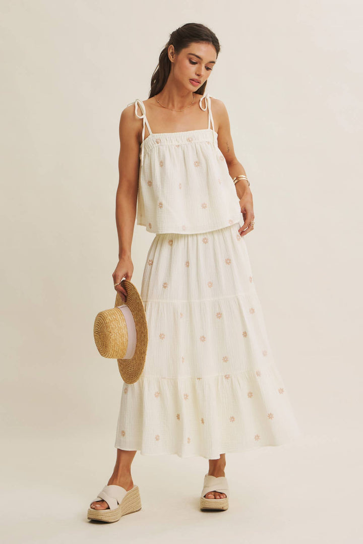 Women's Sleeveless - SUNSET FIELD EMBROIDERED COTTON GAUZE TANK WITH TIE STRAPS - - Cultured Cloths Apparel