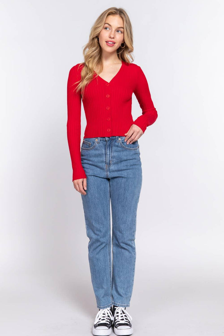 Women's Sweaters - Long Sleeve V-neck Fitted Sweater Cardigan - - Cultured Cloths Apparel