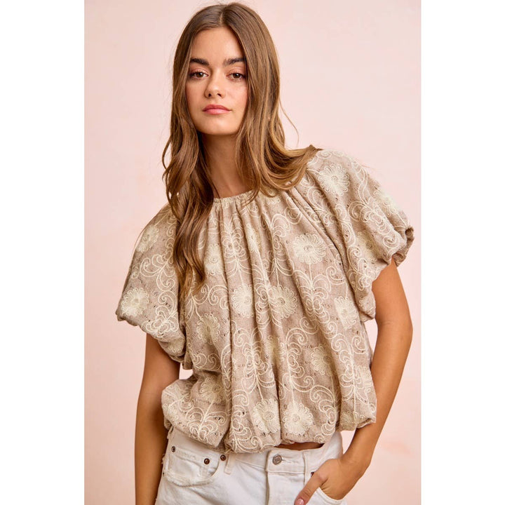 Women's Short Sleeve - FLOWER EMBROIDERED SHIRRED NECKLINE BUBBLE HEM TOP - - Cultured Cloths Apparel