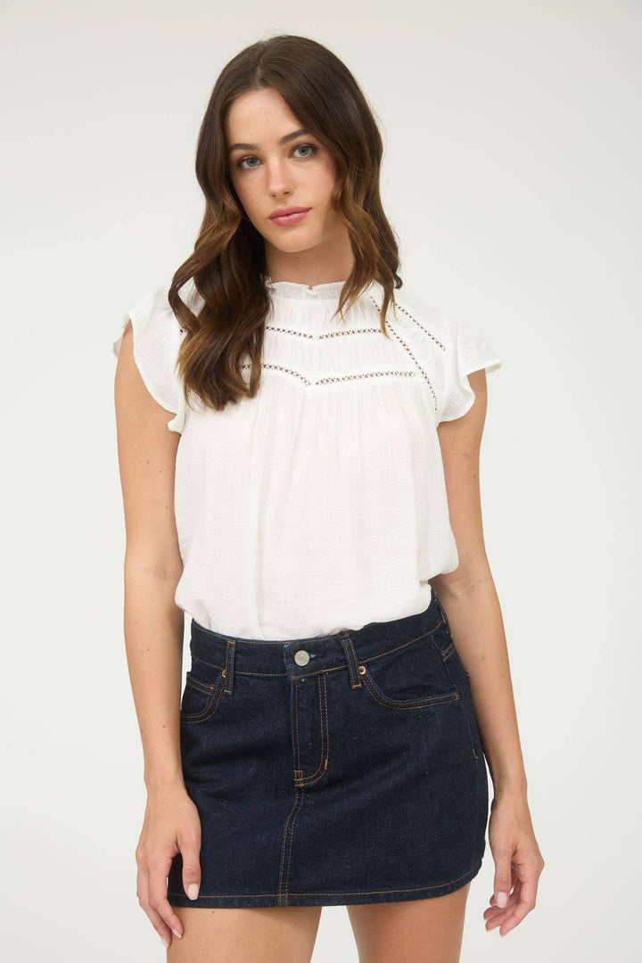 Women's Short Sleeve - LINE LACE TRIM RUFFLE DETAIL SHORT SLEEVE BLOUSE - - Cultured Cloths Apparel