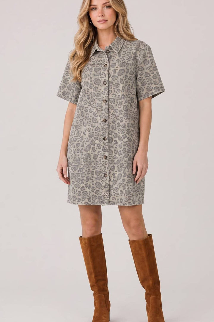Animal Print Collared Button Down Dress