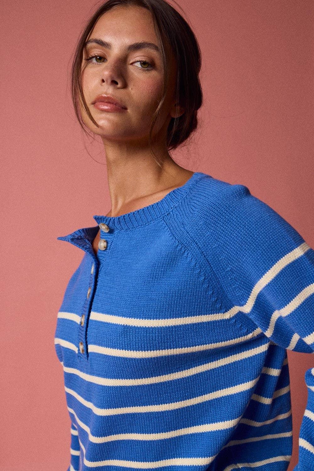 Women's Sweaters - Knit Henley Placket Striped Sweater Top - - Cultured Cloths Apparel