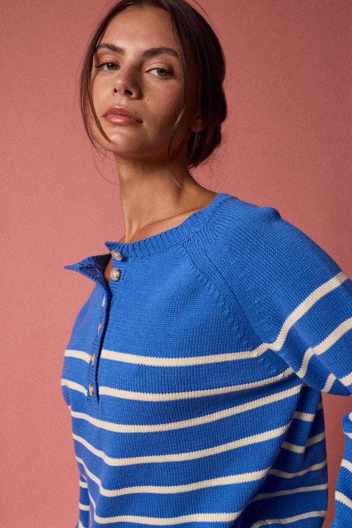 Women's Sweaters - Knit Henley Placket Striped Sweater Top - - Cultured Cloths Apparel