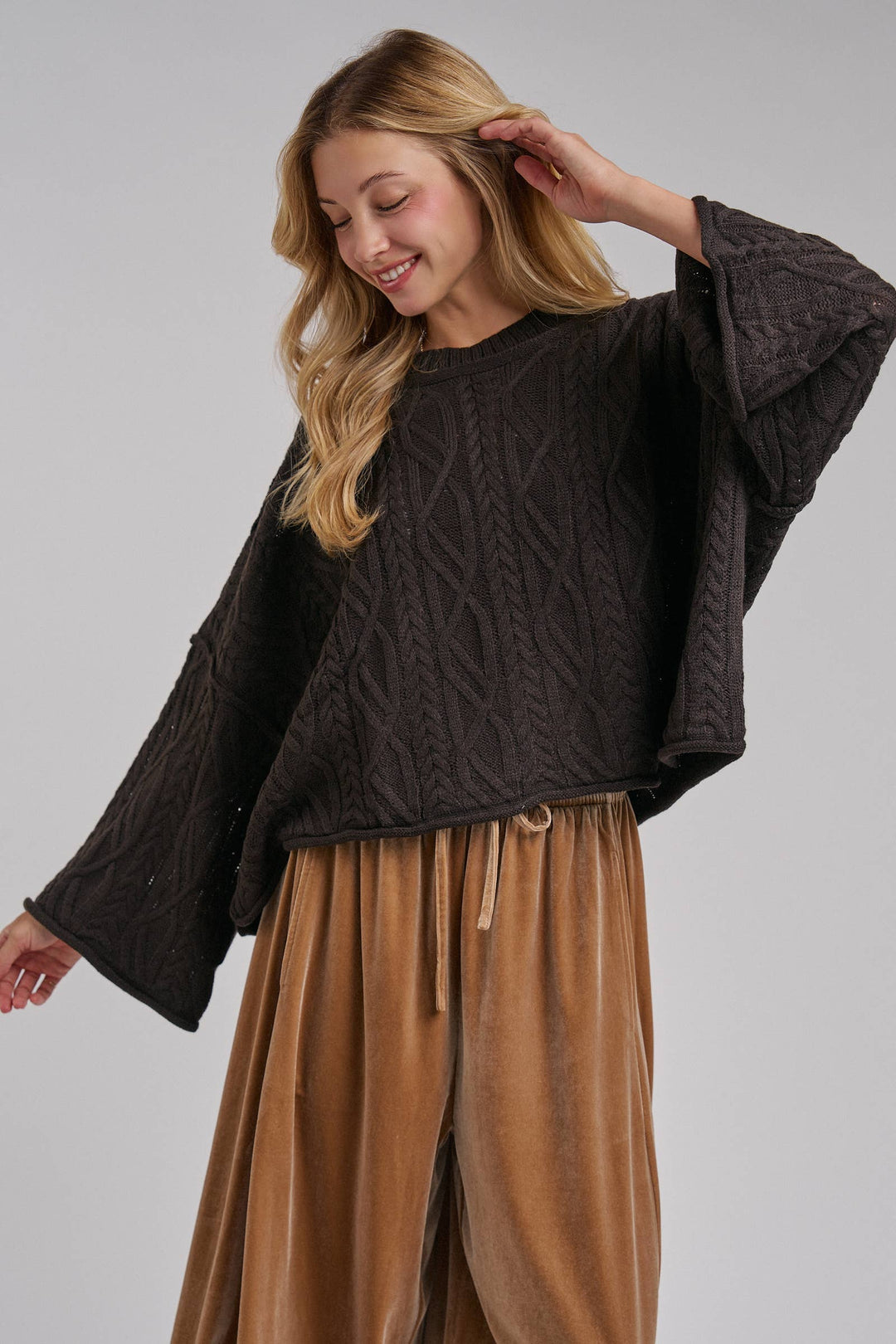 OVERSIZED CABLE KNIT CASUAL BOHO FALL SWEATERTOP