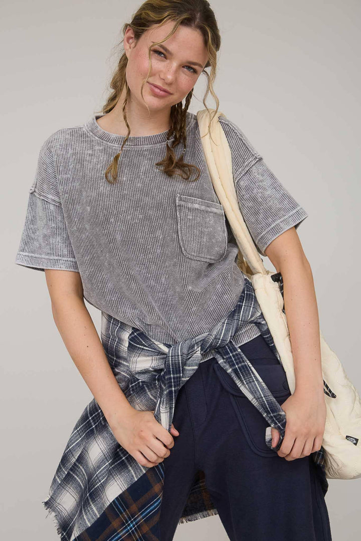 Women's Short Sleeve - WASHED RIBBED SHORT SLEEVE TEE WITH POCKET - - Cultured Cloths Apparel
