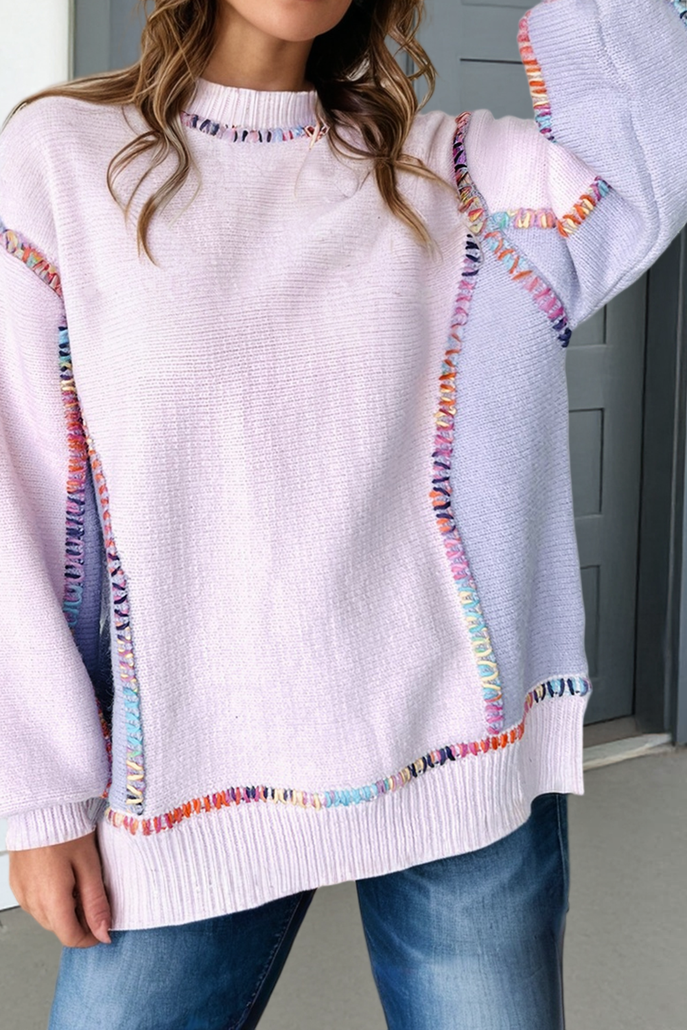 Color Block Stitching Bishop Sleeve Sweater (S-XL)