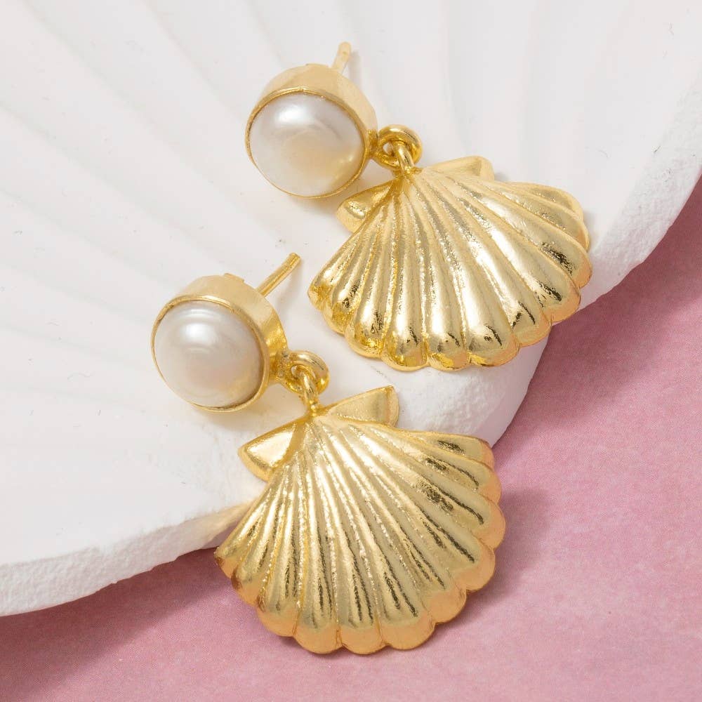 Accessories, Earrings - Clam Shell And Pearl Sea Life Stud Dangle Earrings - - Cultured Cloths Apparel