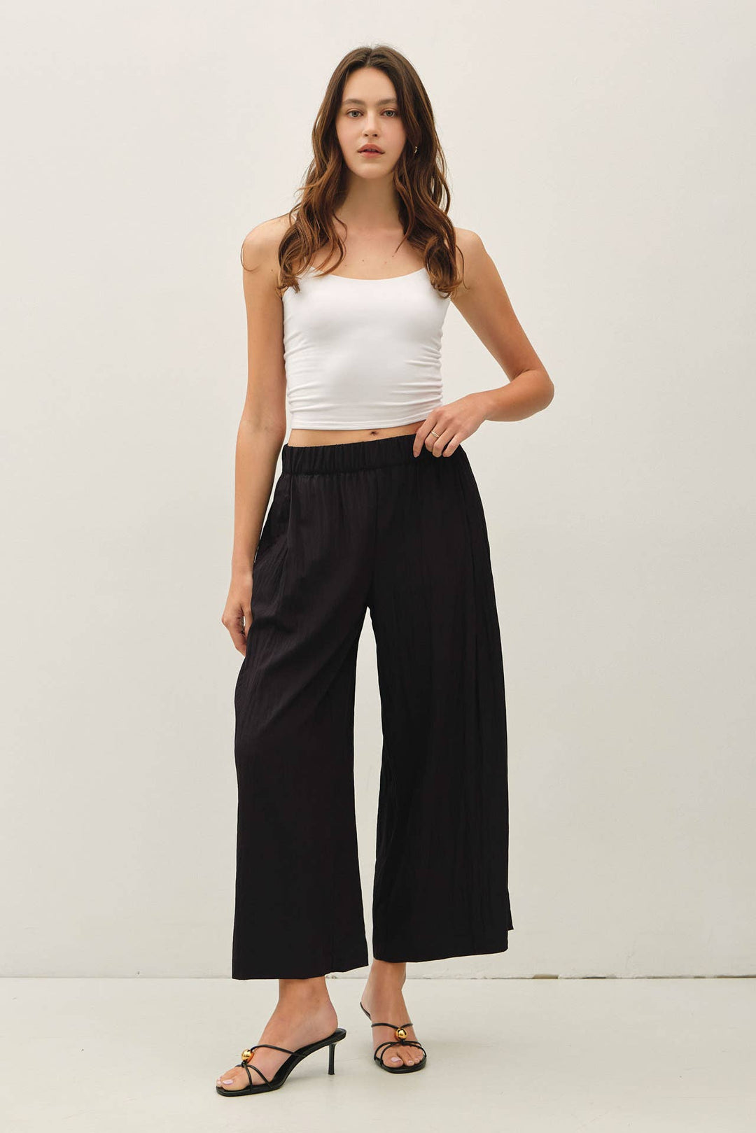 Pants - CRINKLED WIDE LEG CROPPED PULL ON PANTS - - Cultured Cloths Apparel