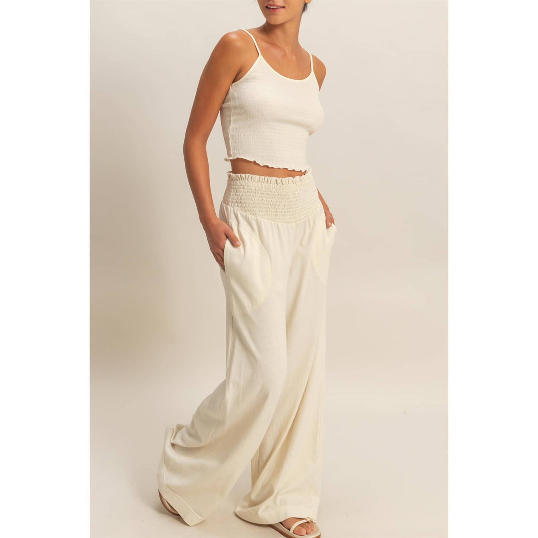 Mineral Washed Wide-Leg Smocked Waist Pants