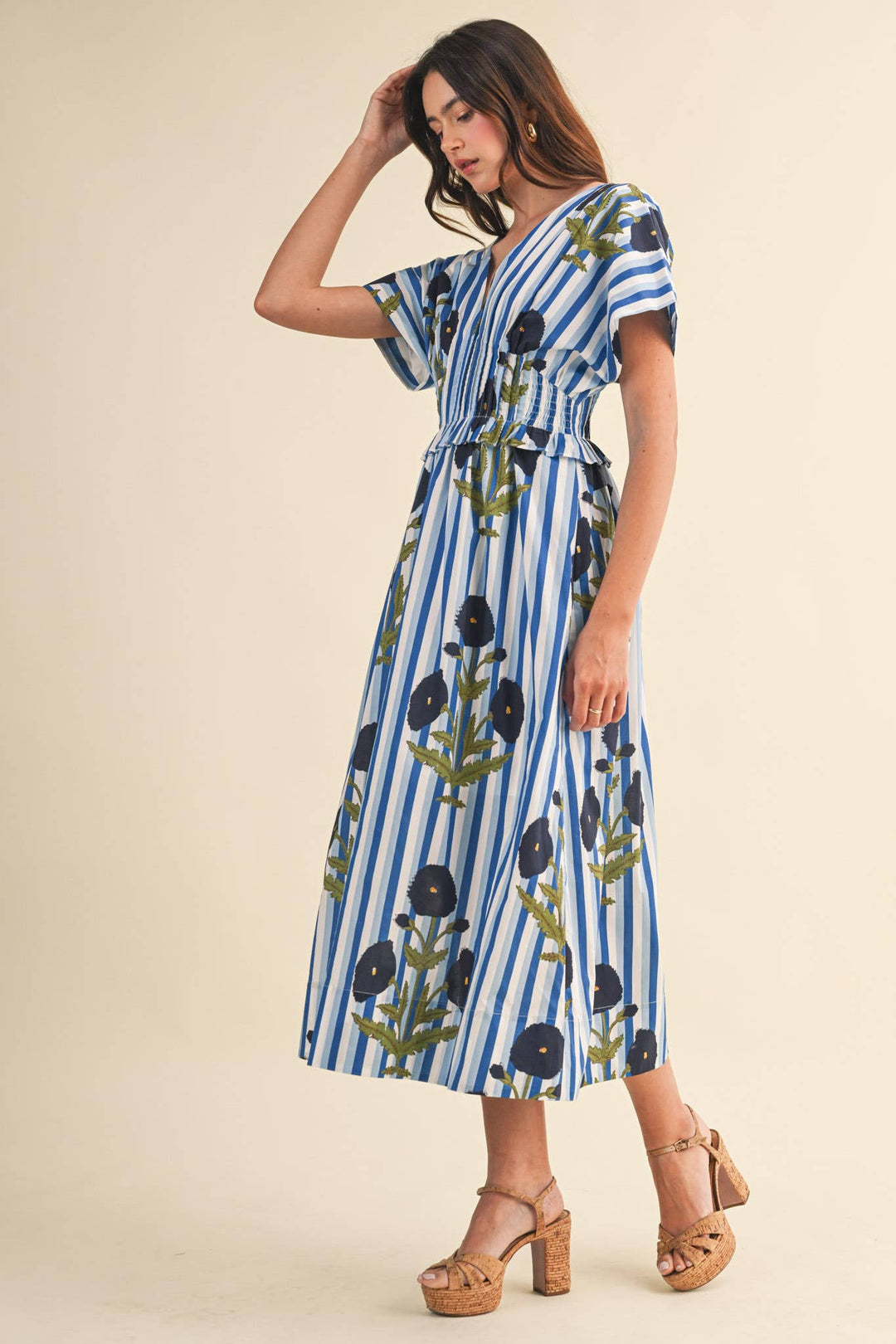 Dresses - STRIPED FLORAL PIN TUCK WAIST MIDI DRESS - - Cultured Cloths Apparel