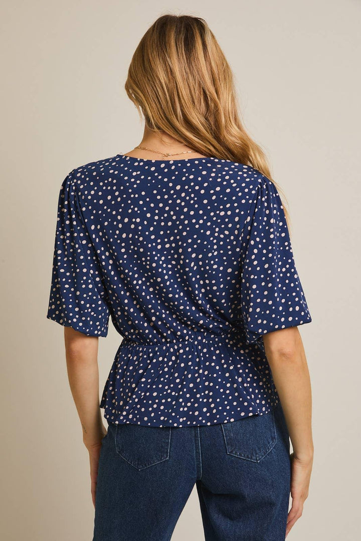 Women's Short Sleeve - V-NECK PUFF HALF SLEEVE FLARE HEM BUTTON UP DOT TOP - - Cultured Cloths Apparel