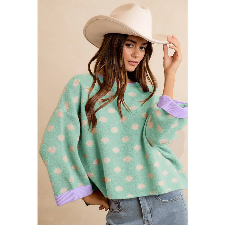 CONTRAST NECK AND ROLL UP DETAIL POLKA DOT SWEATER