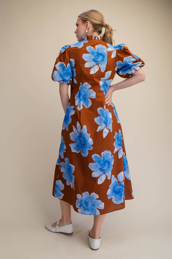 Lime Ruffle V-Neck Puff Sleeve Waist Pleated Midi Dress