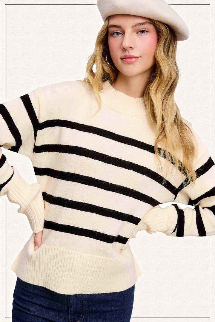 Striped Mock Neck Dolman Sleeve Loose Fit Sweater