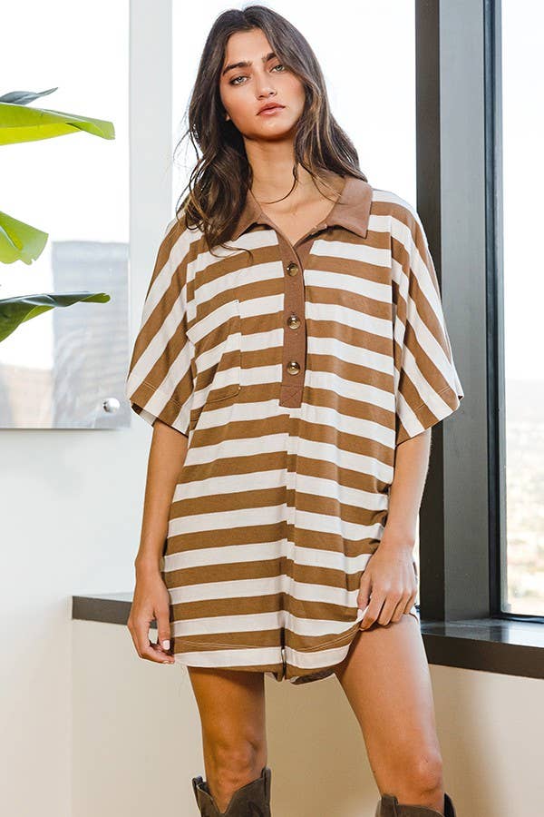 Stripe Print Airflow Collared Oversize Romper