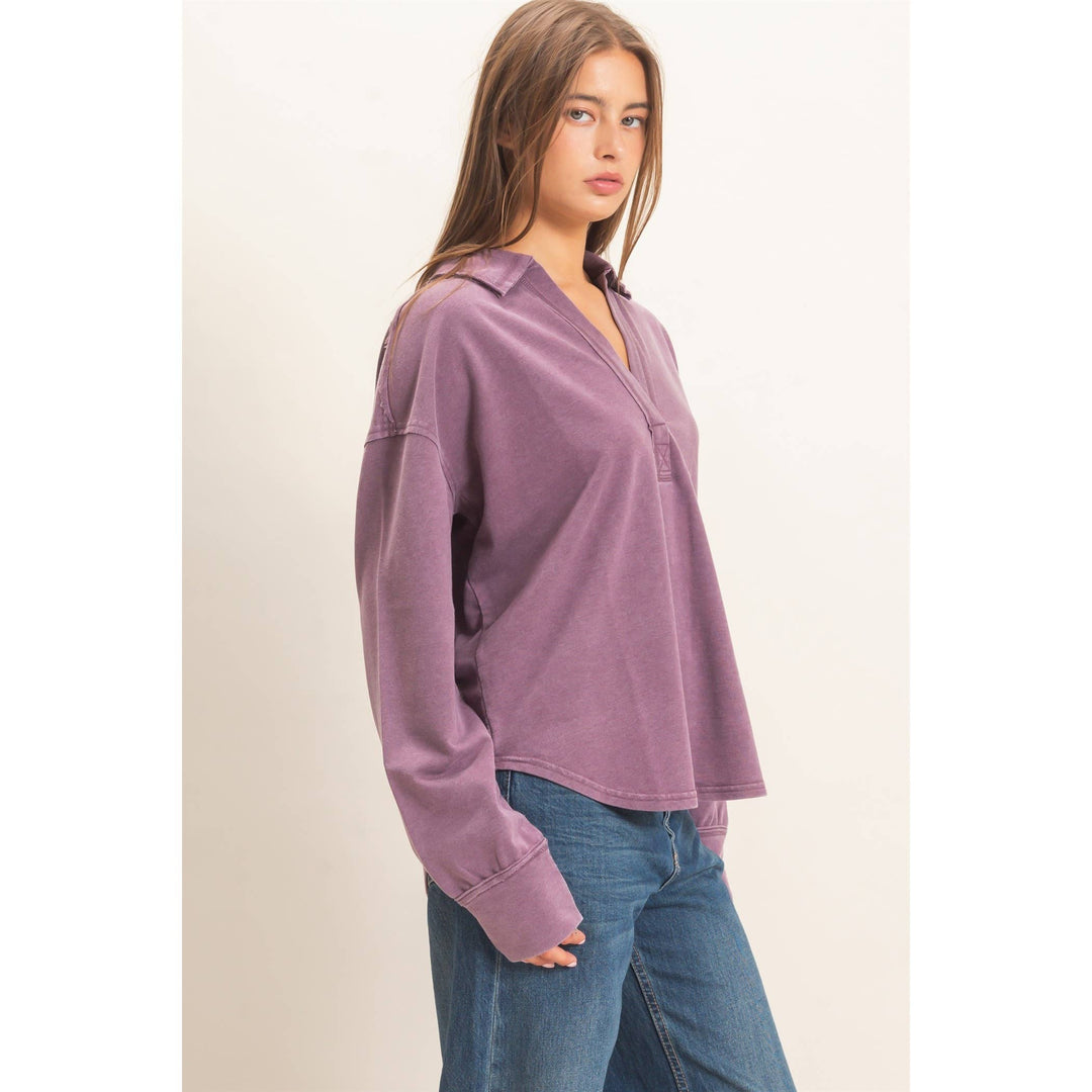 Mineral Washed Polo Collar Long Sleeve Top