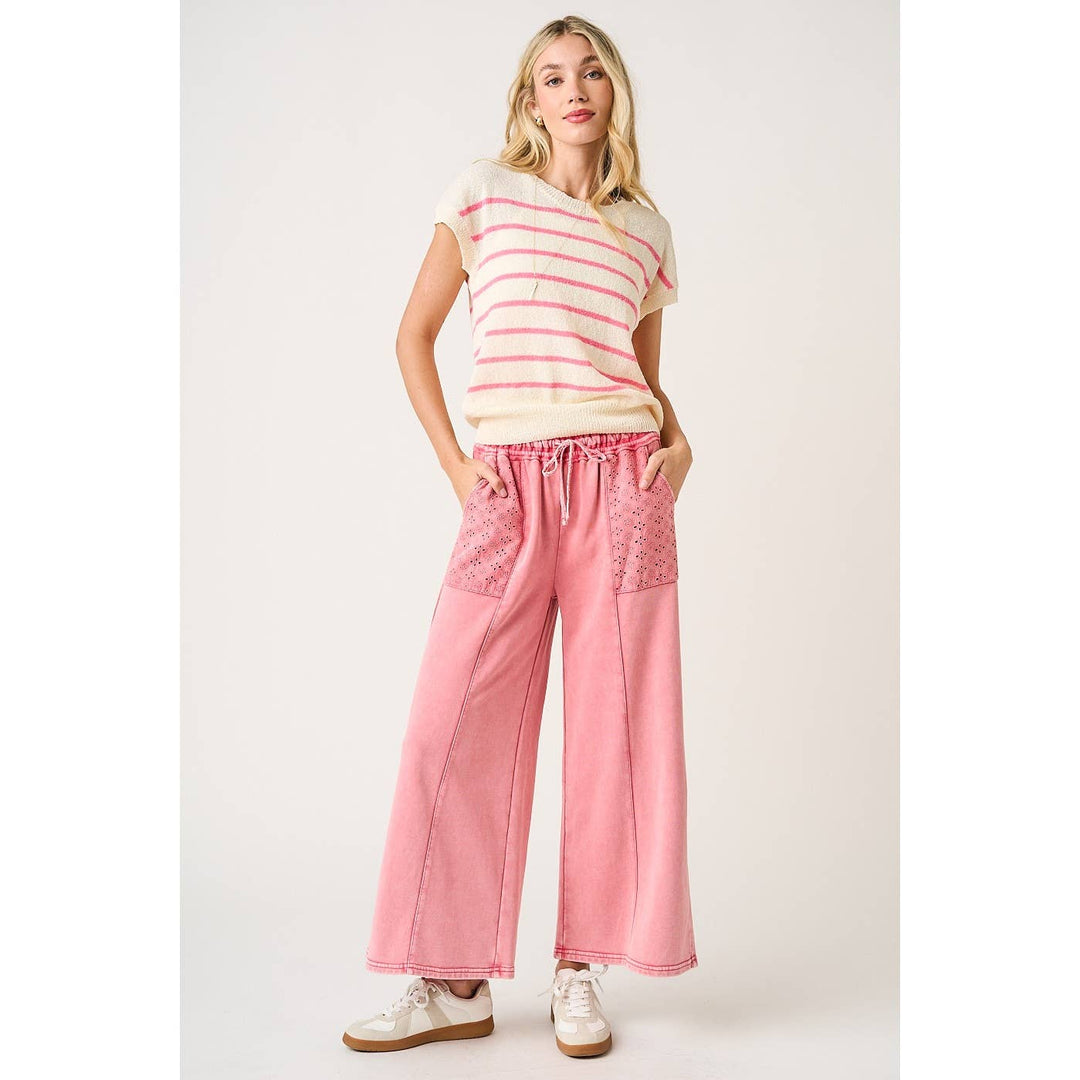 Pants - EYELET LACE POCKET MINERAL WASH WIDE LEG PANTS - - Cultured Cloths Apparel
