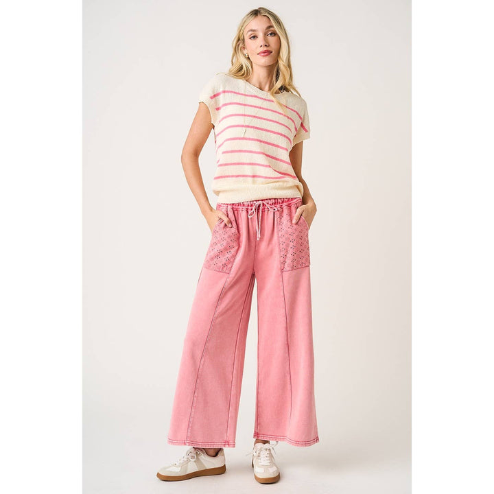 Pants - EYELET LACE POCKET MINERAL WASH WIDE LEG PANTS - - Cultured Cloths Apparel