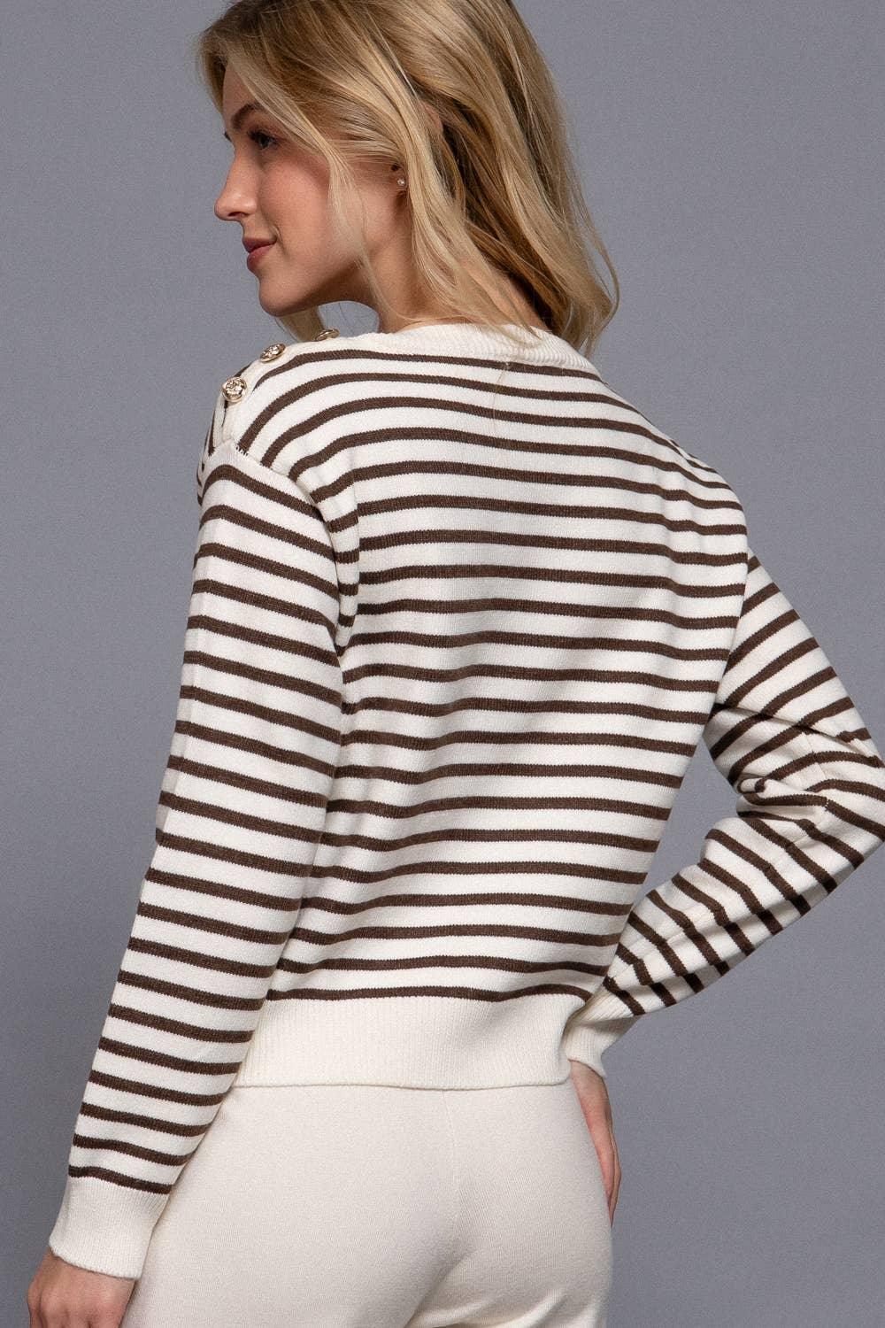 Women's Sweaters - Long Sleeve Buttoned Shoulder Stripe Sweater - - Cultured Cloths Apparel