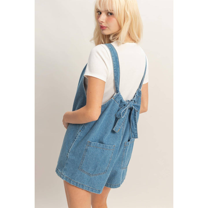 Denim Romper With Gathered Neck