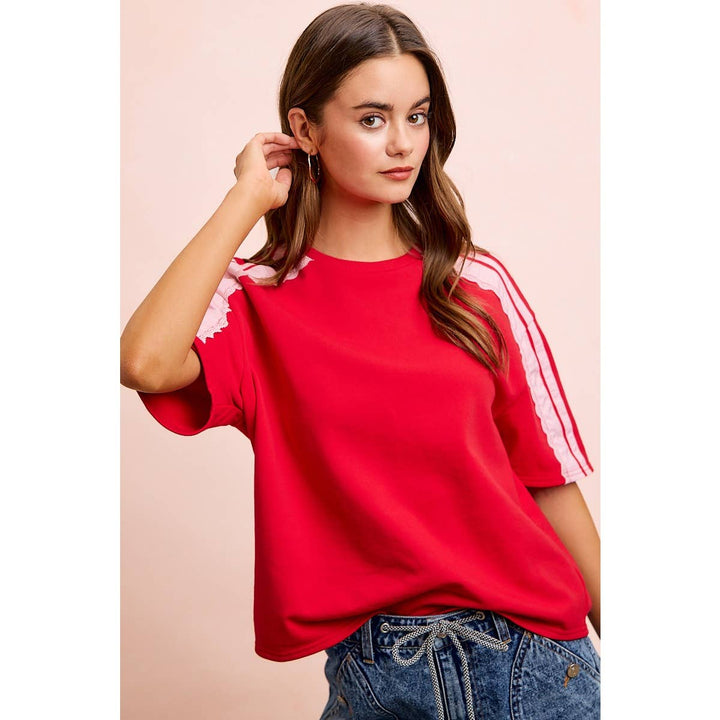 FRENCH TERRY SIDE LACE DETAIL SHORT SLEEVES TOP