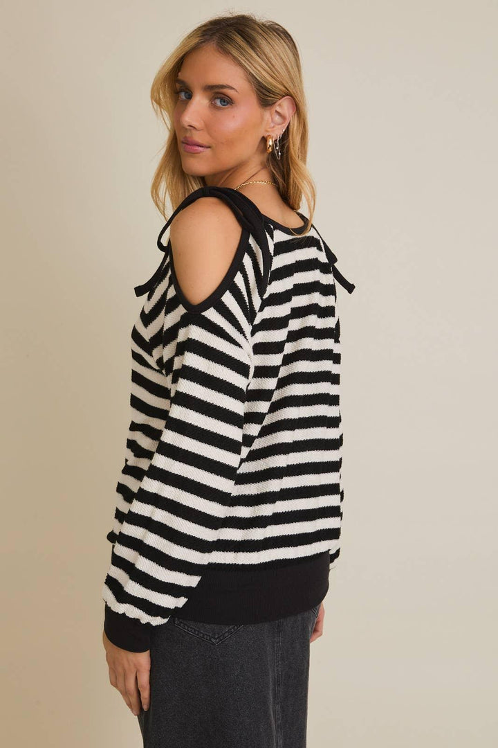 Women's Long Sleeve - ROUND NECK SHOULDER CUT-OUT TIE LONG SLEEVE STRIPE TOP - - Cultured Cloths Apparel