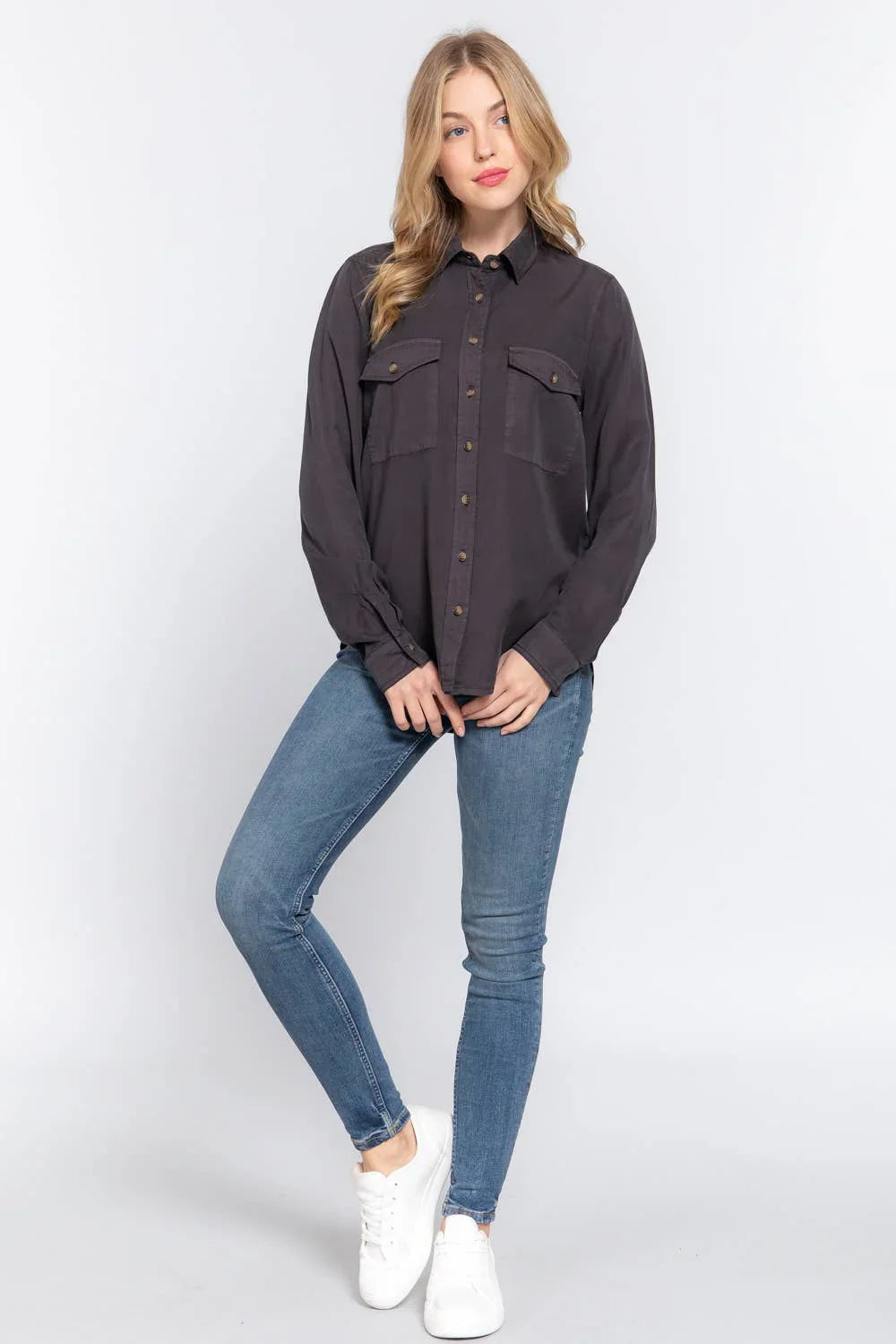 Women's Long Sleeve - Long Sleeve Color Tencel Shirt - - Cultured Cloths Apparel