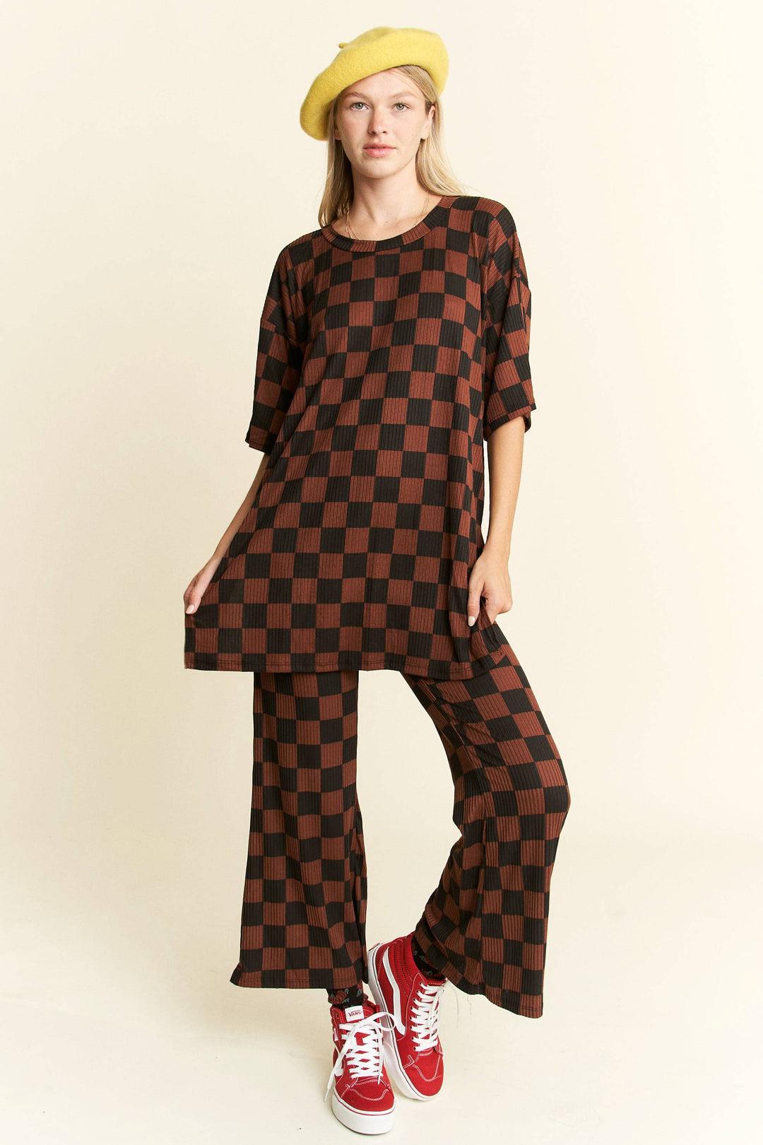 RIBBED CHECKERED PRINT TOP/STRAIGHT LEG PANTS SET