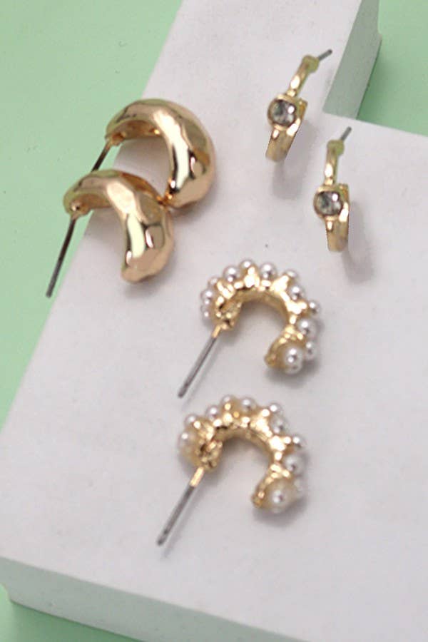 Accessories, Earrings - TRIO PEARL DIAMOND CUT HUGGIE HOOP EARRINGS | 80E3935 - - Cultured Cloths Apparel