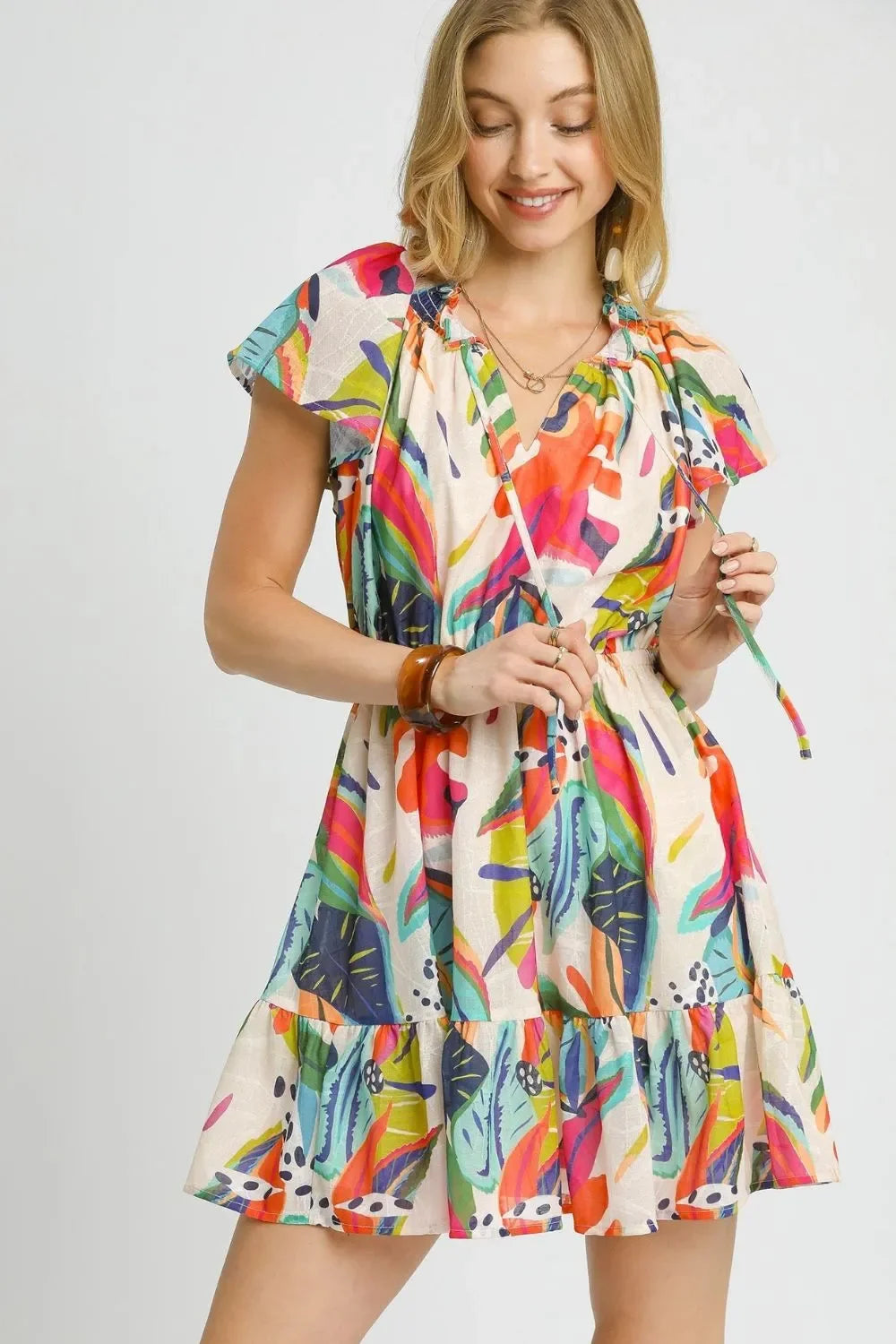 Umgee Printed Tie Neck Ruffled Hem Dress Umgee Printed Tie Neck Ruffled Hem Dress