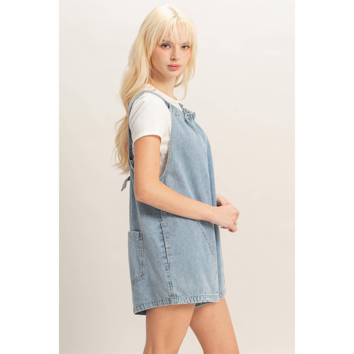 Denim Romper With Gathered Neck