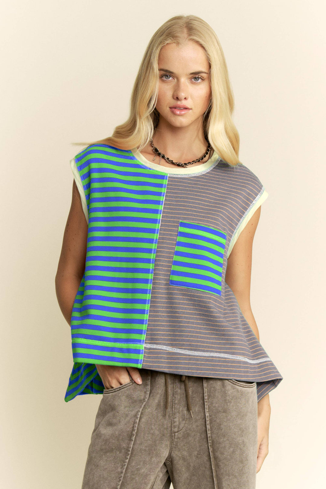Women's Sleeveless - STRIPED COLORBLOCK SLEEVELESS VEST TOP - - Cultured Cloths Apparel
