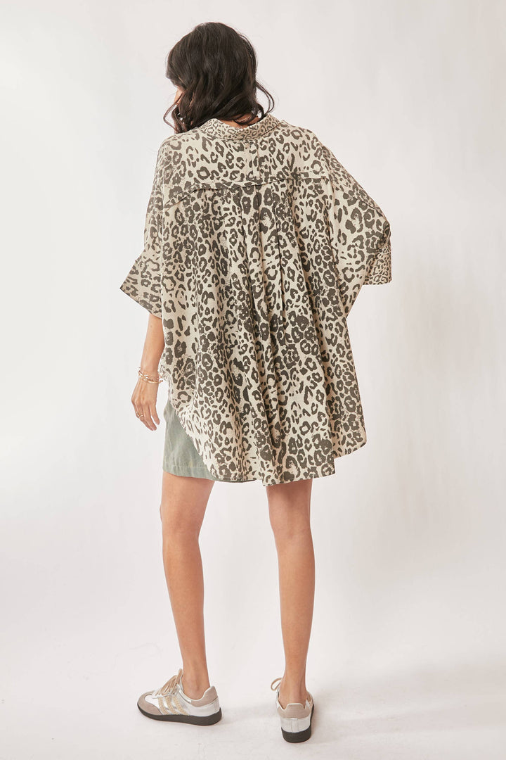 Leopard Print Oversized High-Low Button-Down Shirt