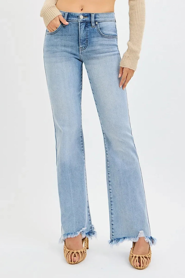 Denim - RISEN Full Size Tummy Control Mid Rise Flare Jeans with Fray Hem Detailed Plus Size - MEDIUM - Cultured Cloths Apparel