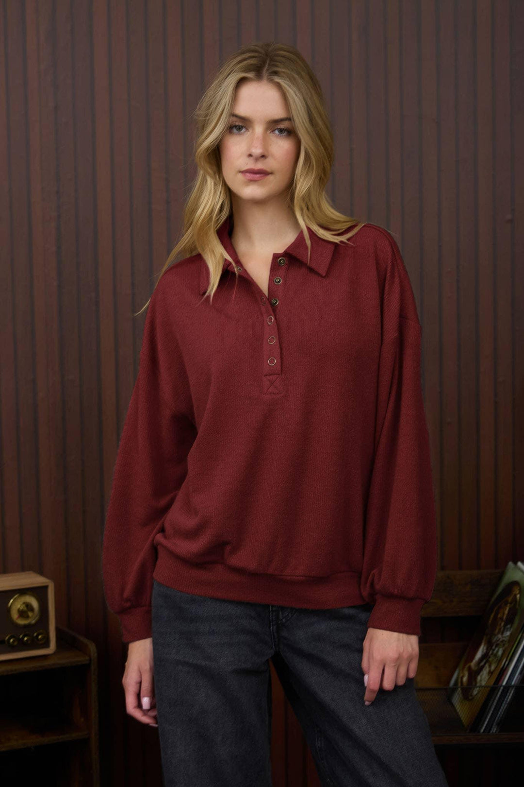 COLLARED HALF SNAP BUTTON LONG SLEEVE KNIT TOP