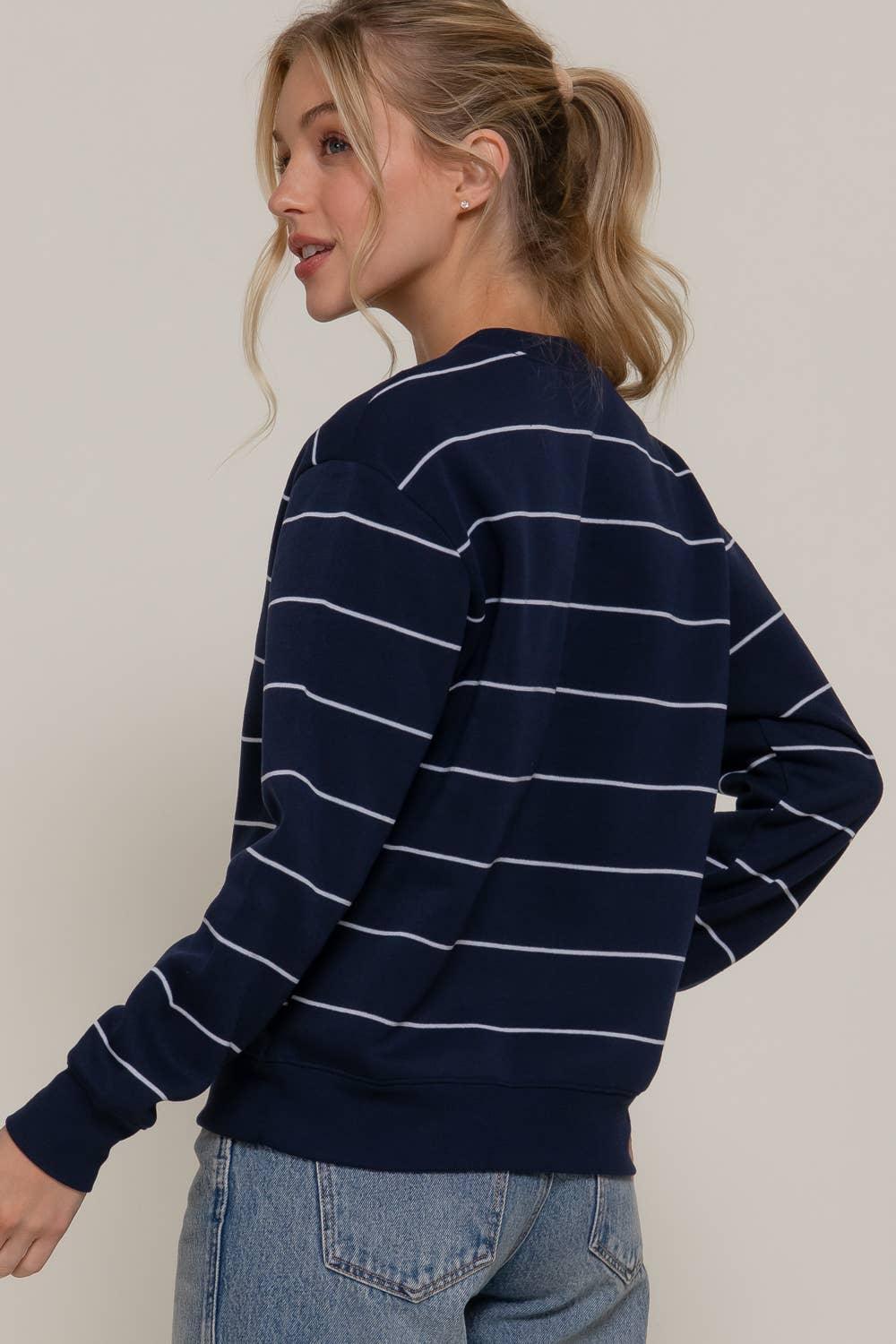 Women's Sweaters - Long Sleeve Engineer Stripe Inner Fleece Sweatshirt - - Cultured Cloths Apparel