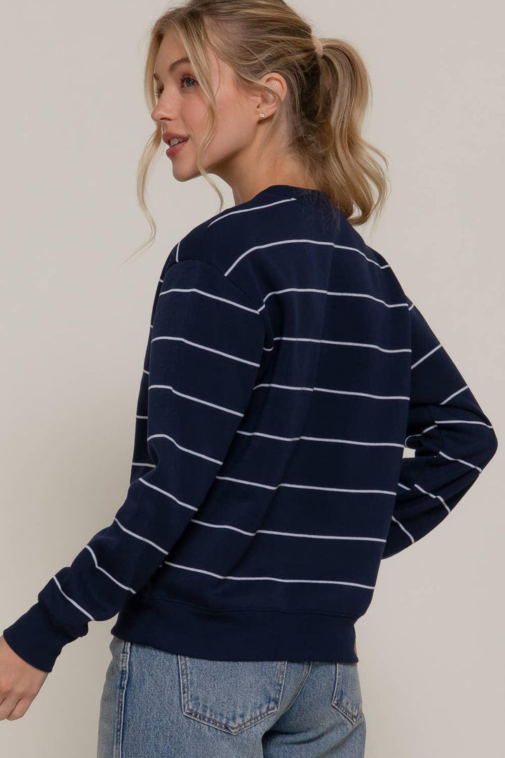 Women's Sweaters - Long Sleeve Engineer Stripe Inner Fleece Sweatshirt - - Cultured Cloths Apparel
