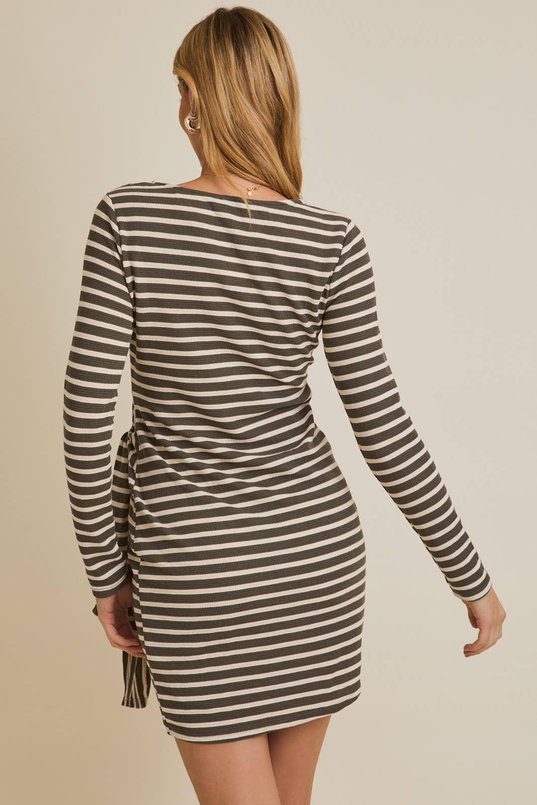 Women's Dresses - ROUND NECK WAIST TIE LONG SLEEVE DRESS - - Cultured Cloths Apparel