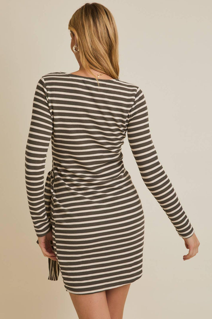 Women's Dresses - ROUND NECK WAIST TIE LONG SLEEVE DRESS - - Cultured Cloths Apparel