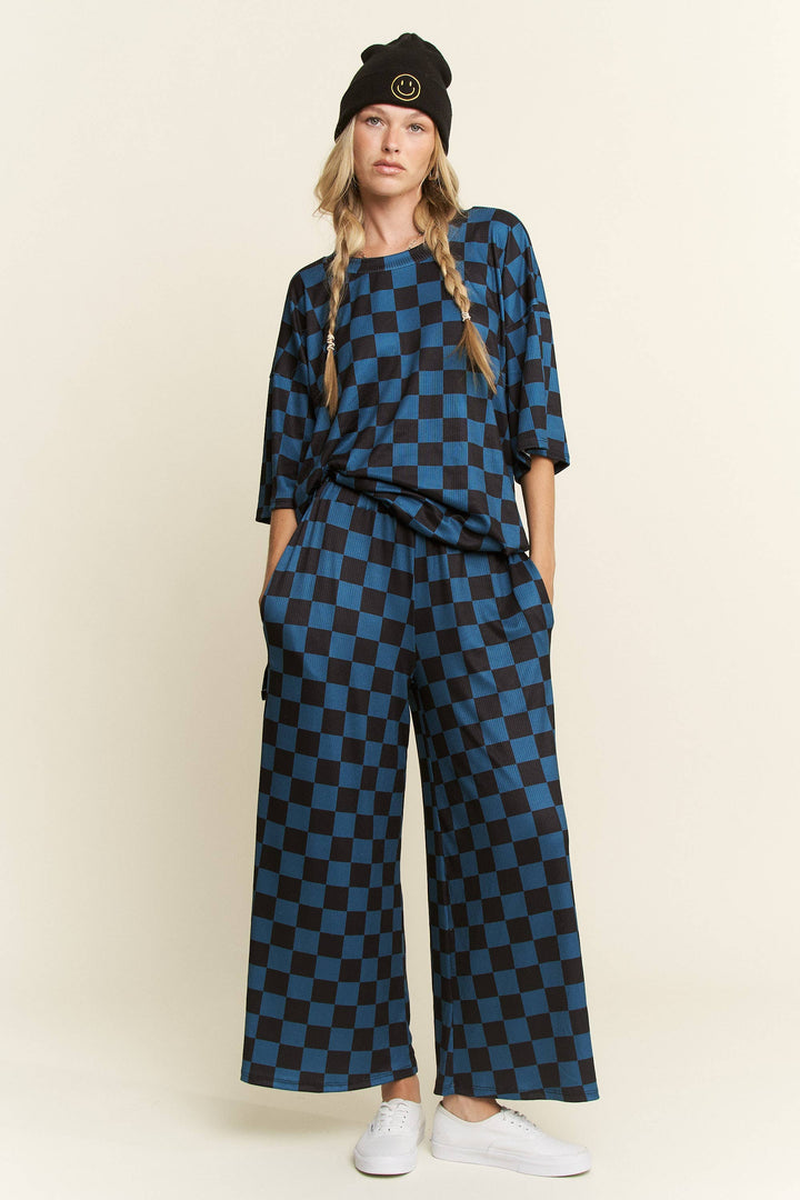 RIBBED CHECKERED PRINT TOP/STRAIGHT LEG PANTS SET