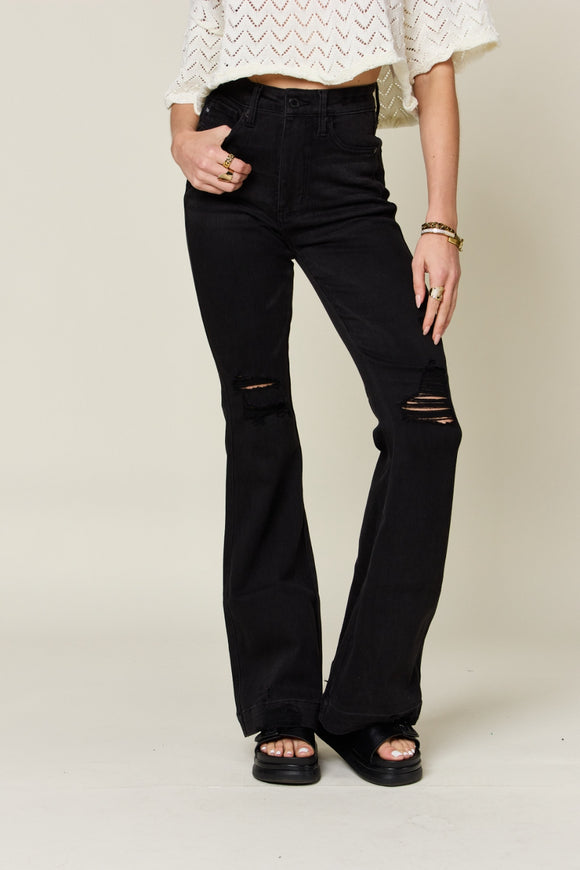 Denim - Judy Blue Full Size High Waist Distressed Flare Jeans - Black - Cultured Cloths Apparel