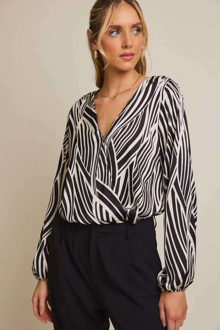 Women's Long Sleeve - JALISA LONG SLEEVE SHOULDER SHIRRING SURPLICE BODYSUIT - - Cultured Cloths Apparel