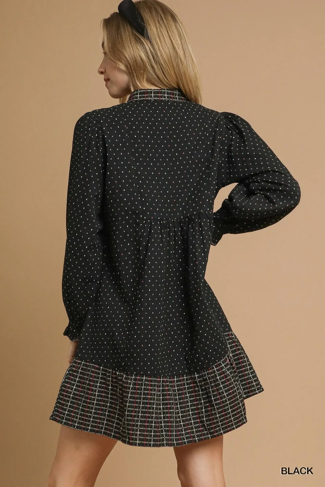 Women's Dresses - Umgee Polka Dot Plaid Trim Babydoll Dress - - Cultured Cloths Apparel