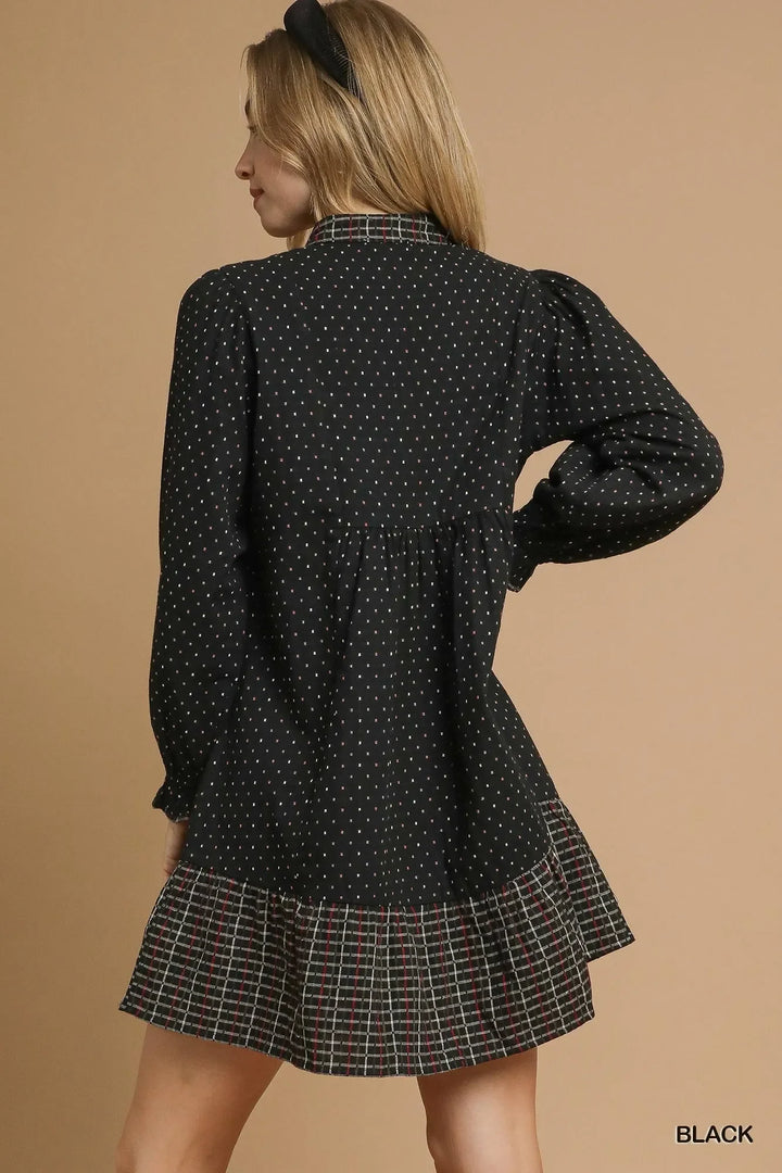 Women's Dresses - Umgee Polka Dot Plaid Trim Babydoll Dress - - Cultured Cloths Apparel