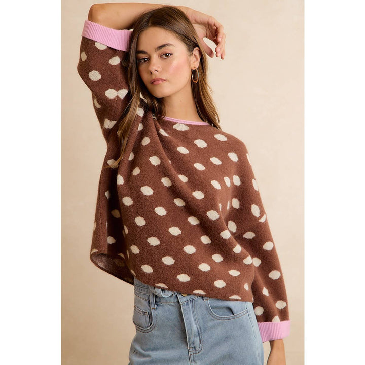 CONTRAST NECK AND ROLL UP DETAIL POLKA DOT SWEATER