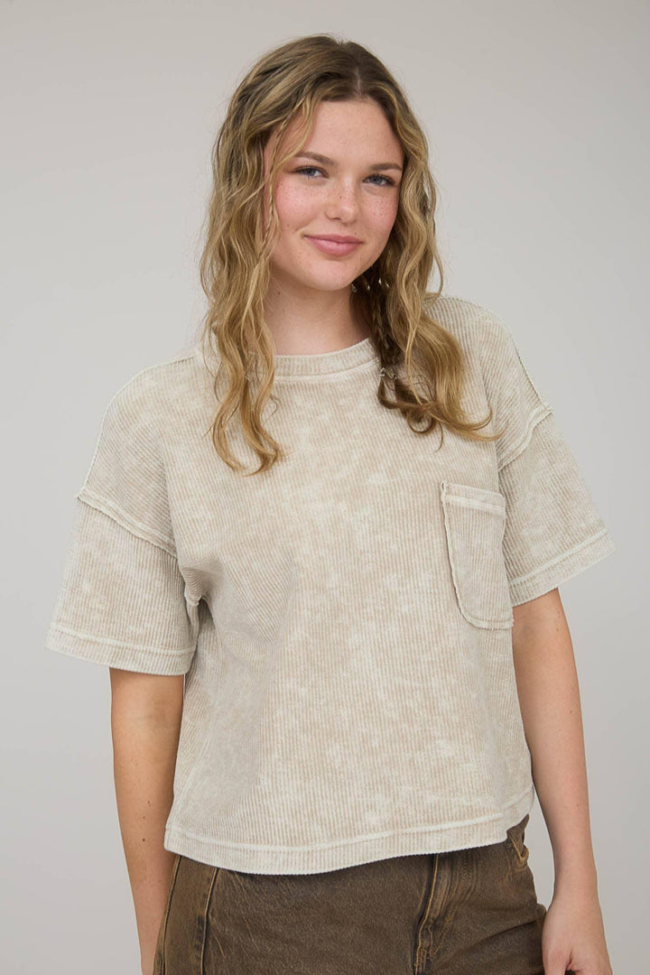 Women's Short Sleeve - WASHED RIBBED SHORT SLEEVE TEE WITH POCKET - KHAKI - Cultured Cloths Apparel