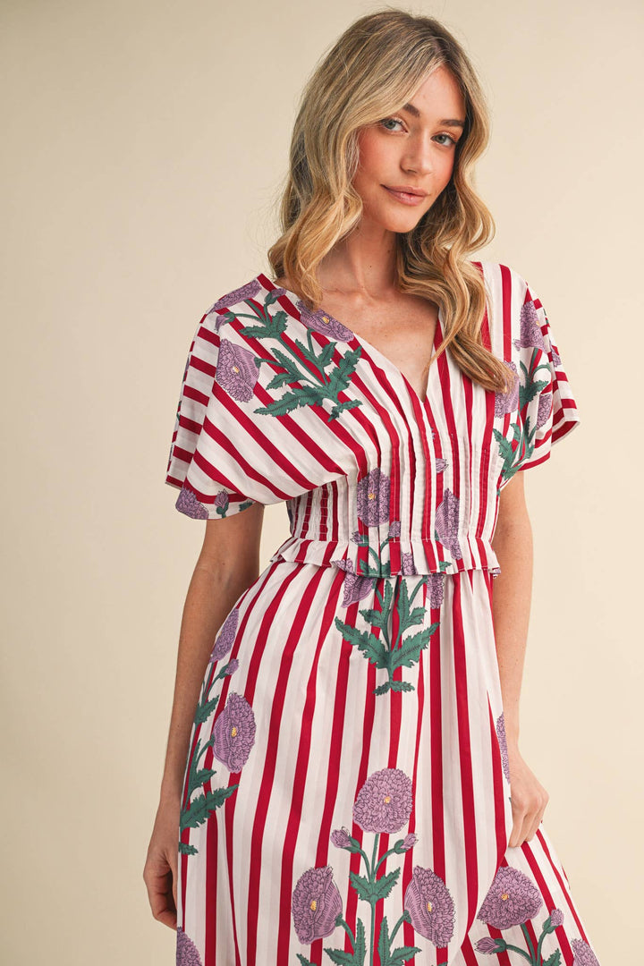Dresses - STRIPED FLORAL PIN TUCK WAIST MIDI DRESS - - Cultured Cloths Apparel