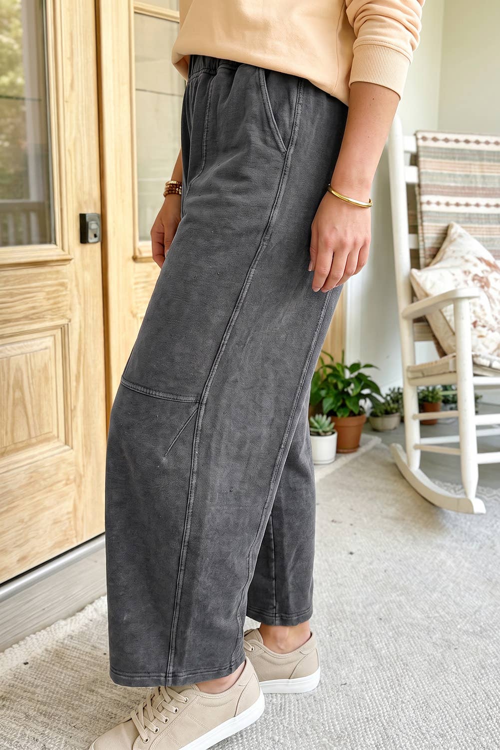 Plus Sizes - Mineral Wash Seam Detail Elastic Waist Pants - - Cultured Cloths Apparel